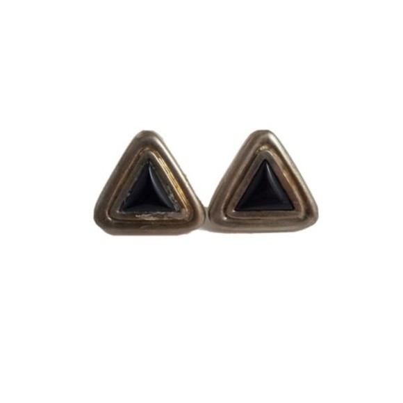 Beautiful Pair of Womens Black Onyx Sterling Silver Earrings Triangle Vintage - Picture 1 of 4